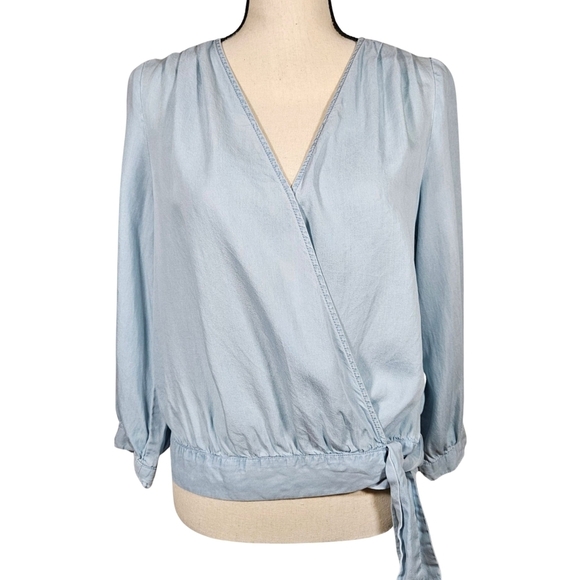 Vince Camuto Lighweight Denim, Wrap Front Blouse, Light Blue, Size Small - Picture 1 of 14